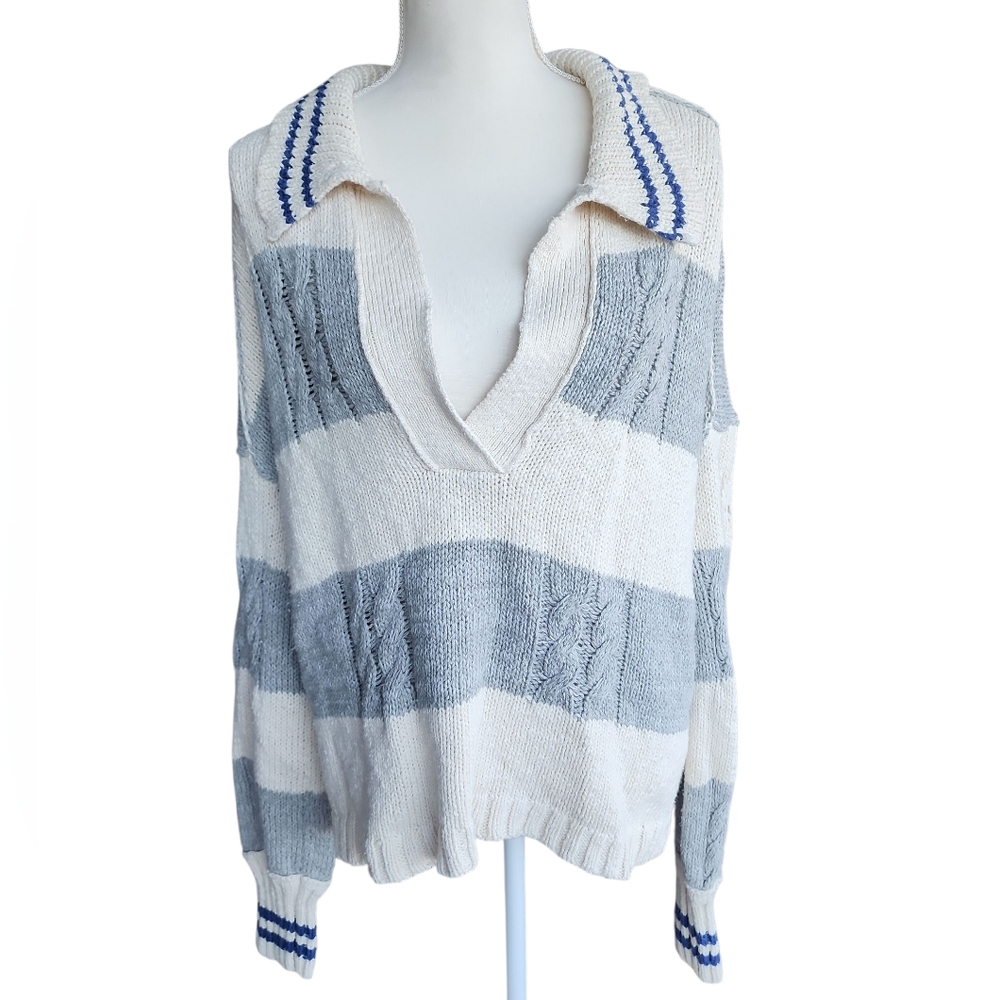 Free People Pembrook Sweater in Ivory‎ Combo Cable Knit Ivy League Preppy Medium
